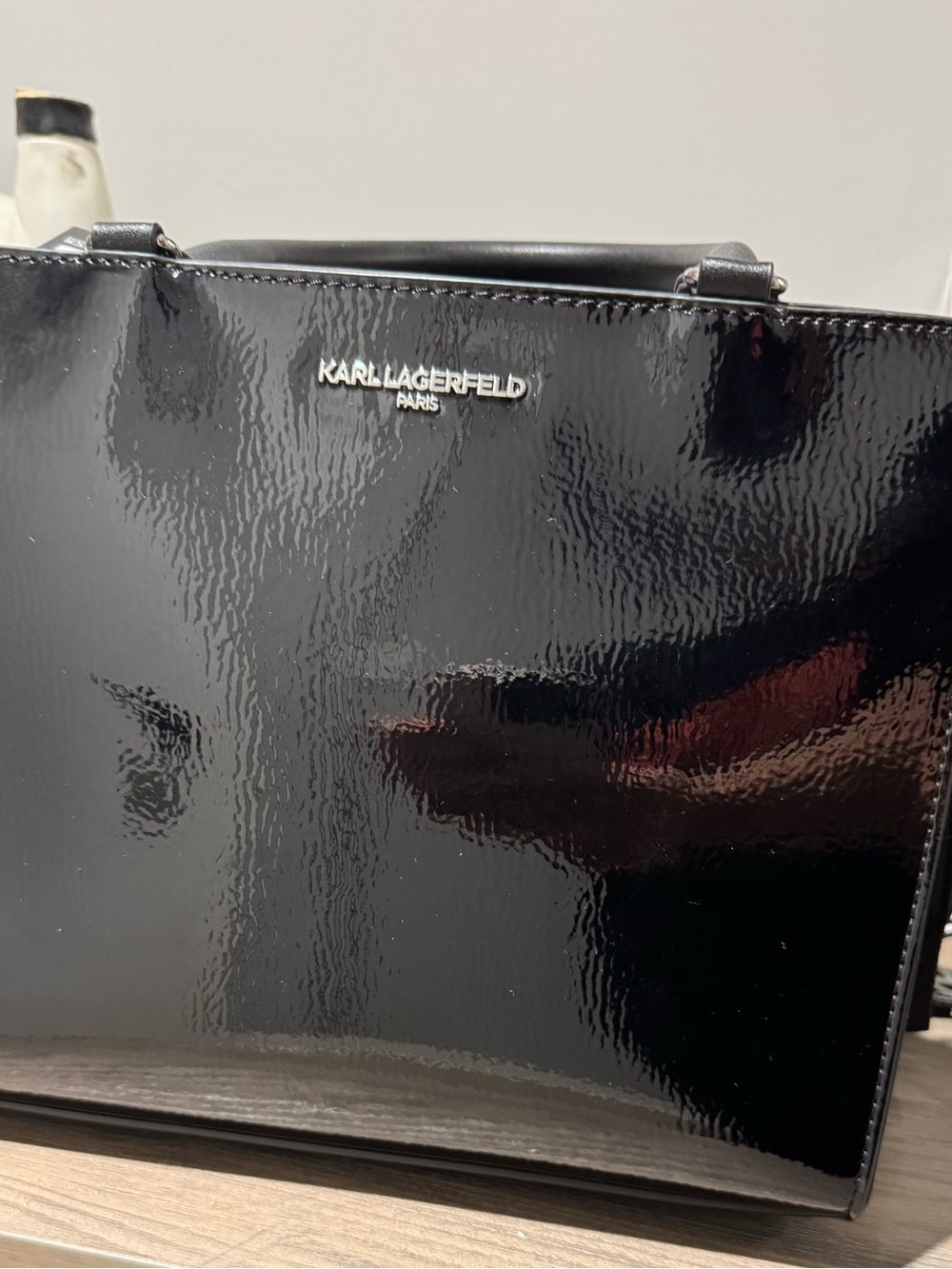 Karl Lagerfeld Black Patent Tote with Silver Logo